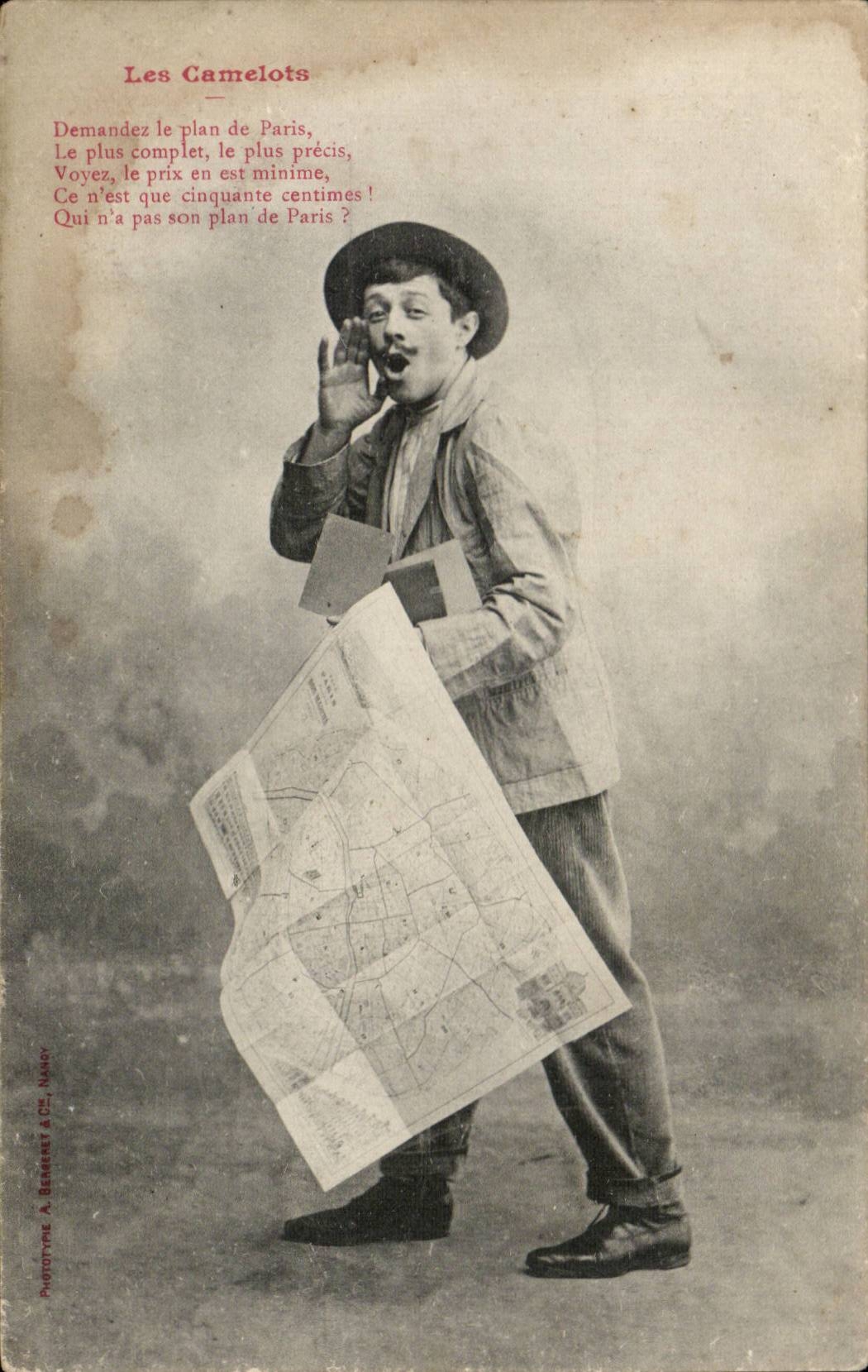 Les Camelots — Publicité pour un plan de Paris — Phototype A. BERNET & Cie, Nancy