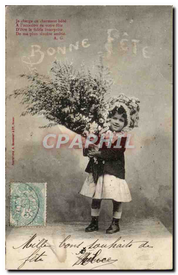 Enfants Fantaisie - Bonne Fete - Child with huge bouquet - muguet- CPA 
