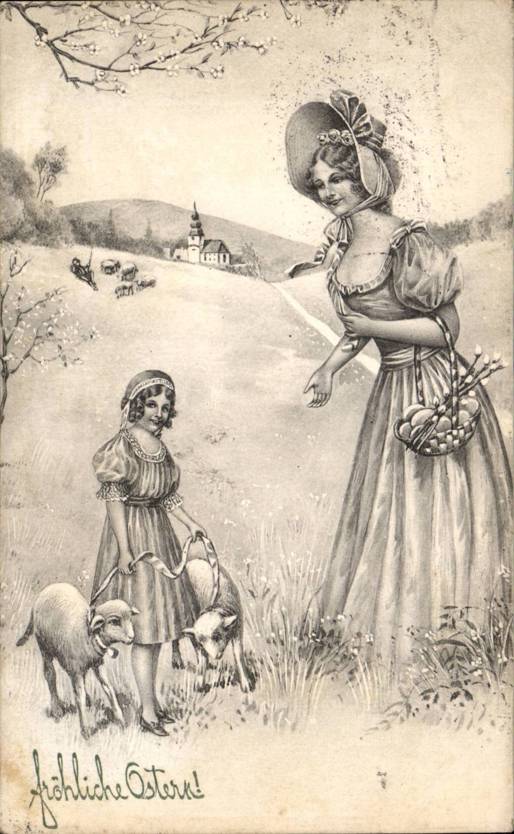 Fête de Pâques — femme et enfant avec moutons — éditeur non visible