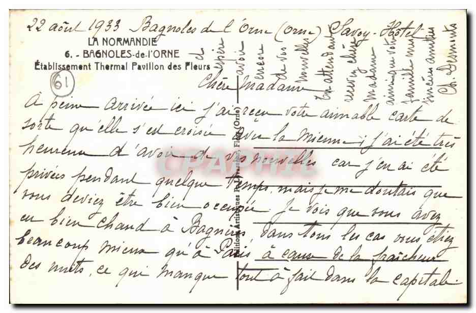 Bagnolles-de-l'Orne — Padiglione dei Fiori — T. Perassateur — Verso
