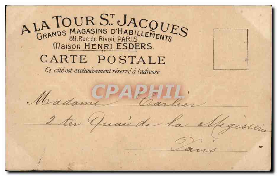 CPA Fantaisie Enfants (publicite a la tour St Jacques Habillement rue de Rivoli Maison Henri Esders) — Verso