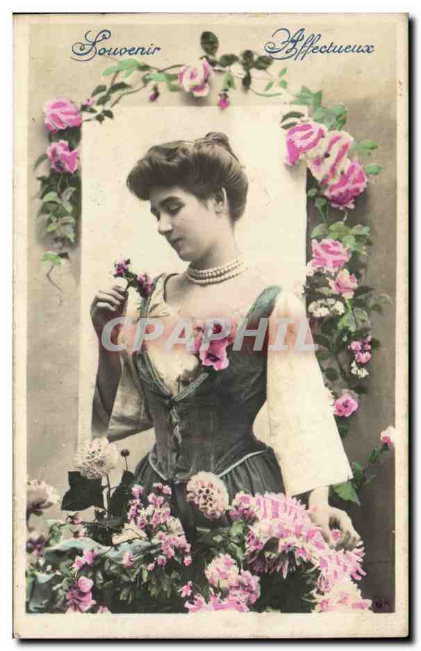 Jeune femme parmi les fleurs — Souvenir Affectueux — éditeur GN