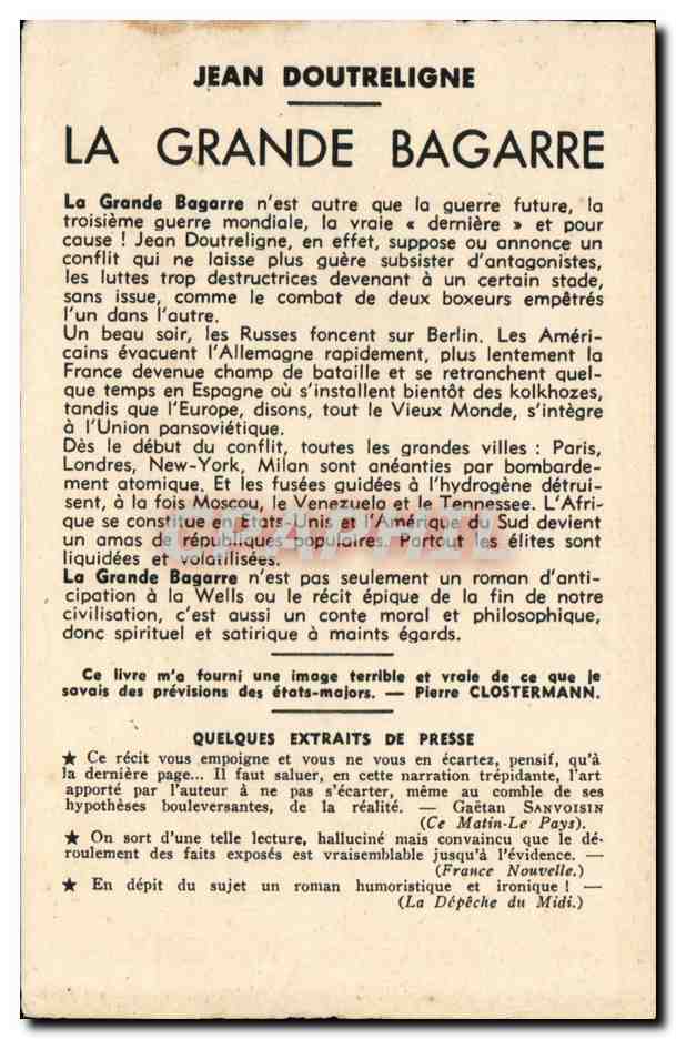 Feuillet format carte postale ancienne Jean Doutreligne La grande bagarre Flammarion roman — Verso