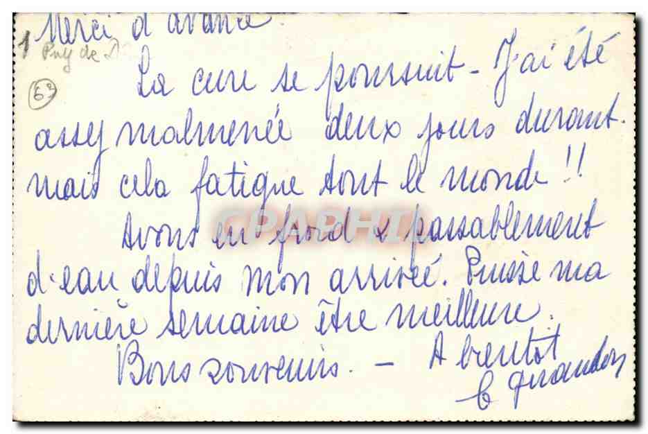 Châtel-Guyon (P.-de-D.) — Un coin de la ville dominée par la colline du Calvaire — éditeur A. Clavaire, n°6021 — Achterkant