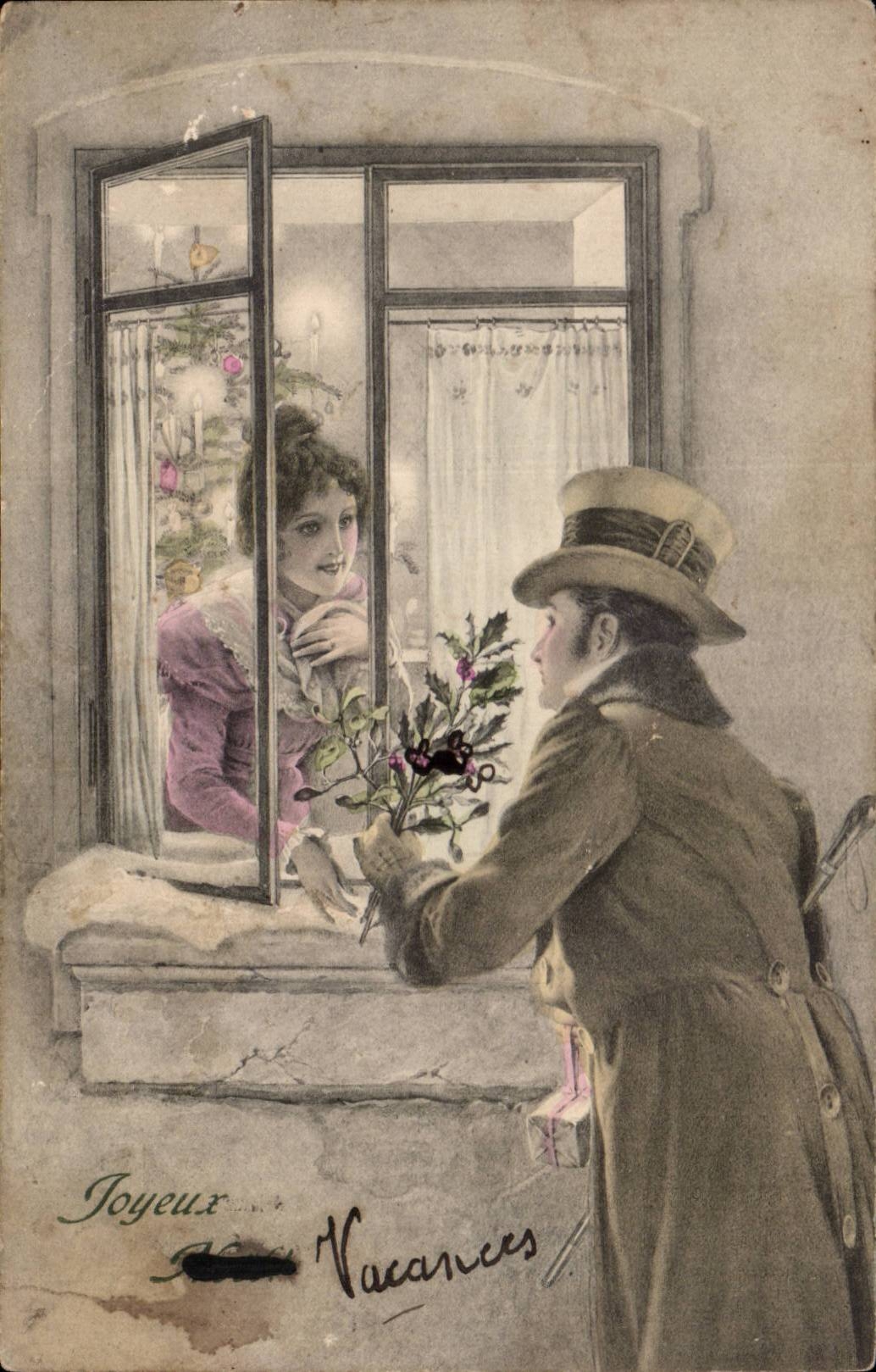 Jeune femme à la fenêtre — homme offrant un buisson de houx — texte imprimé 'Joyeux Vacances' — éditeur inconnu