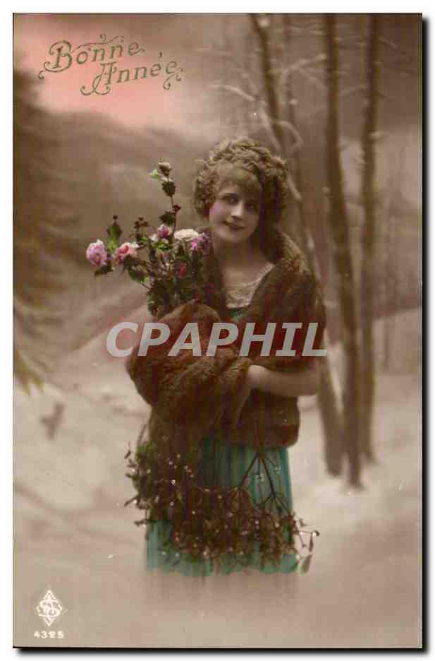 Femme en forêt enneigée — Bonne Année — éditeur anonyme n° 4325