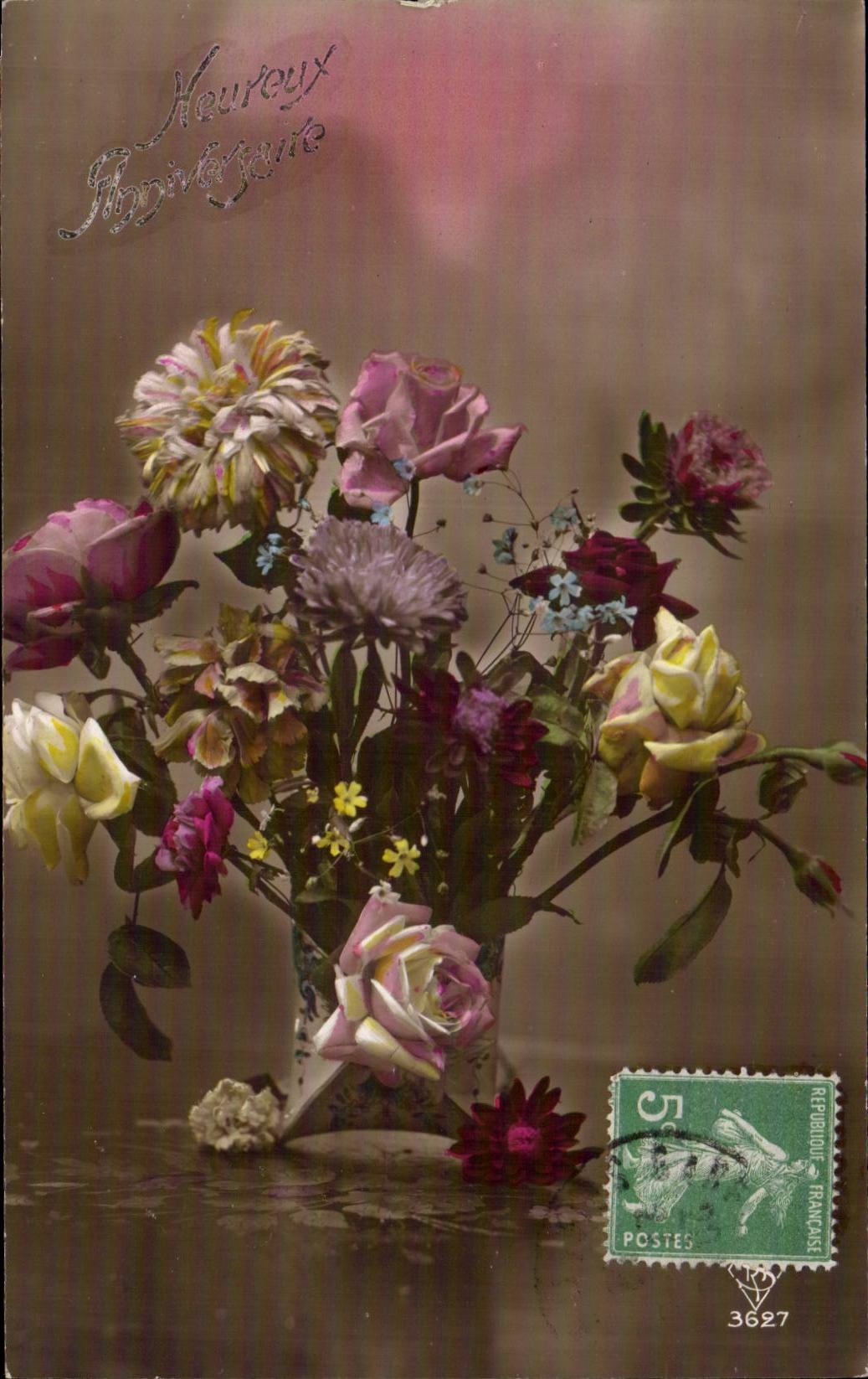 CPA Fantaisie Fleurs Heureux anniversaire
