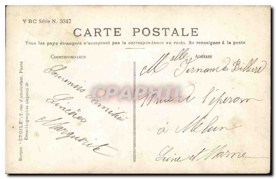 Femme avec bouquet de fleurs — texte amoureux — VBC Série N° 3347 — Verso