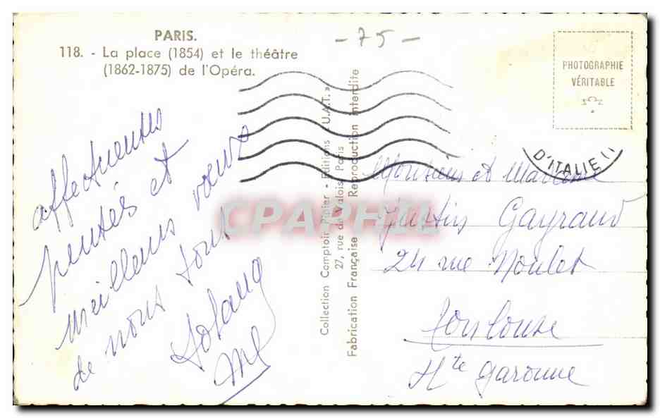 Paris CPM la place et le theatre de l'opera — Rückseite
