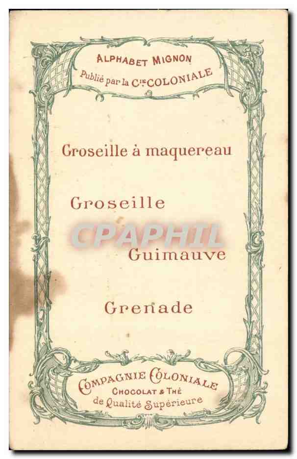 CPA Alphabet Mignon Grenouille Grue Gazelle Geai Compagnie coloniale — Rückseite