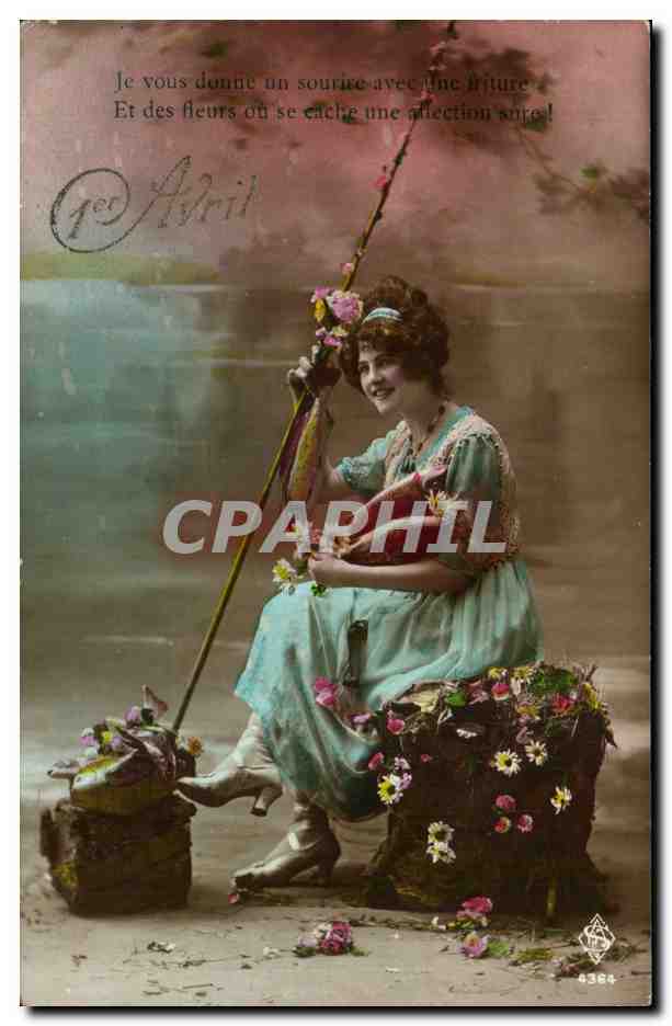 Femme assise avec bâton de fleurs — avril — éditeur Blaizet, n° 6364