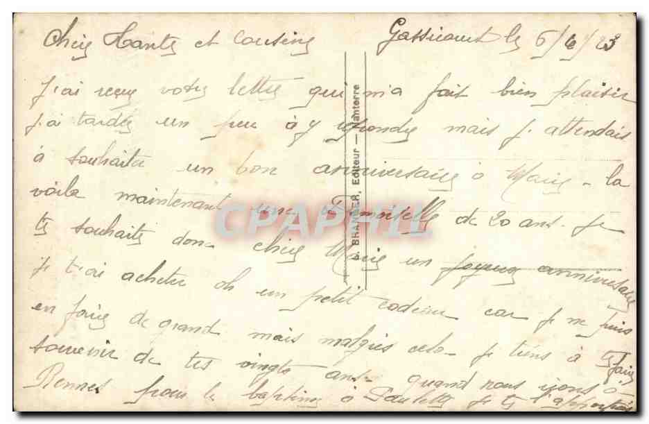 Femme assise avec bâton de fleurs — avril — éditeur Blaizet, n° 6364 — Verso