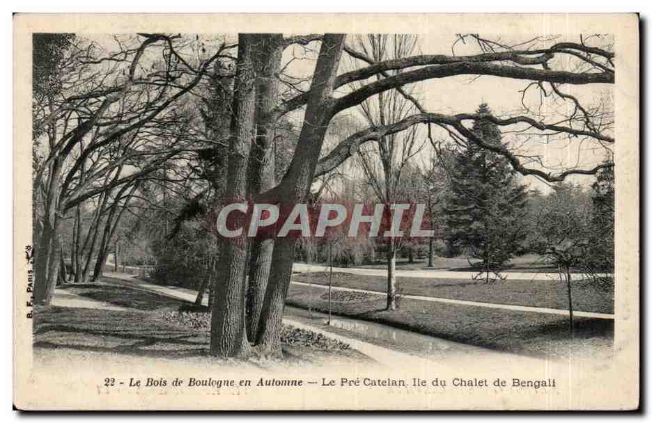 CPA Paris Bois de Boilogne en automne Pre CAtalan Ile du Chalet de Bengali (publicite Grands magasin Nouveautes TEmple