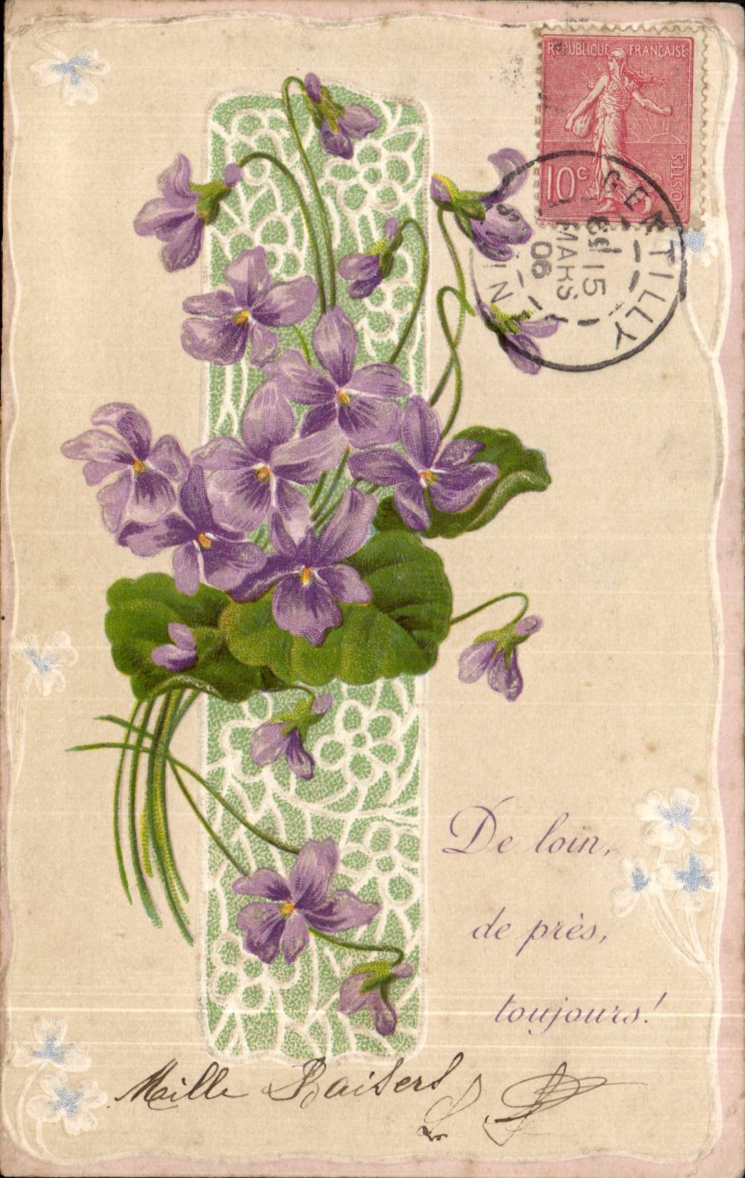 Violetas — ramo en un marco dentado — editor desconocido