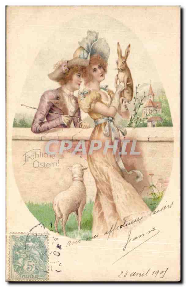 CPA Fantaisie Femme et lapin rabbit mouton sheep
