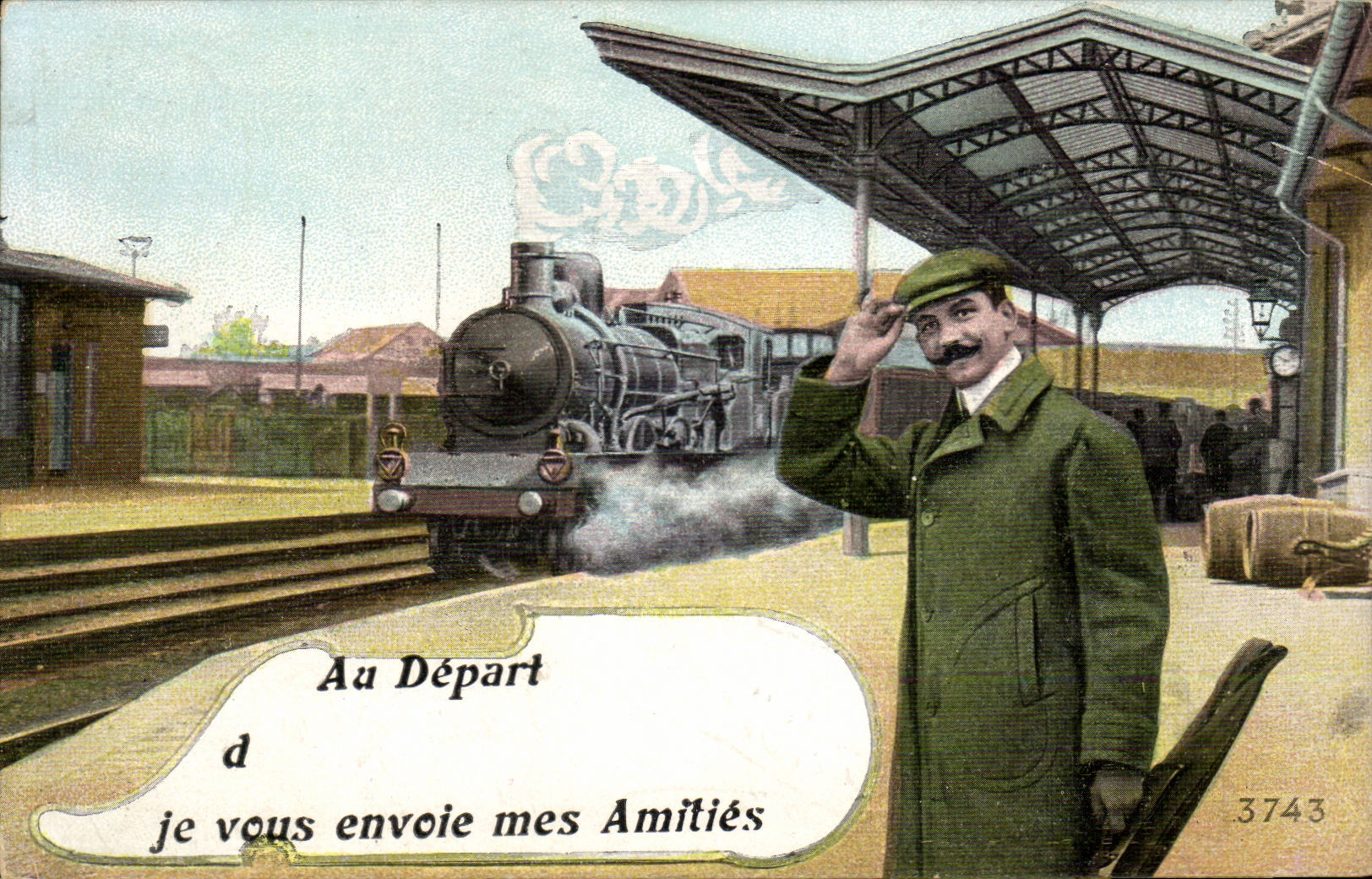 CPA Train au depart je vous envoie mes amities