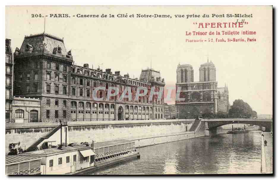Paris CPA Caserne de la cite et Notre DAme vue prise du pont St michel Apertine Tresor de la toilette intime Faubourg 
