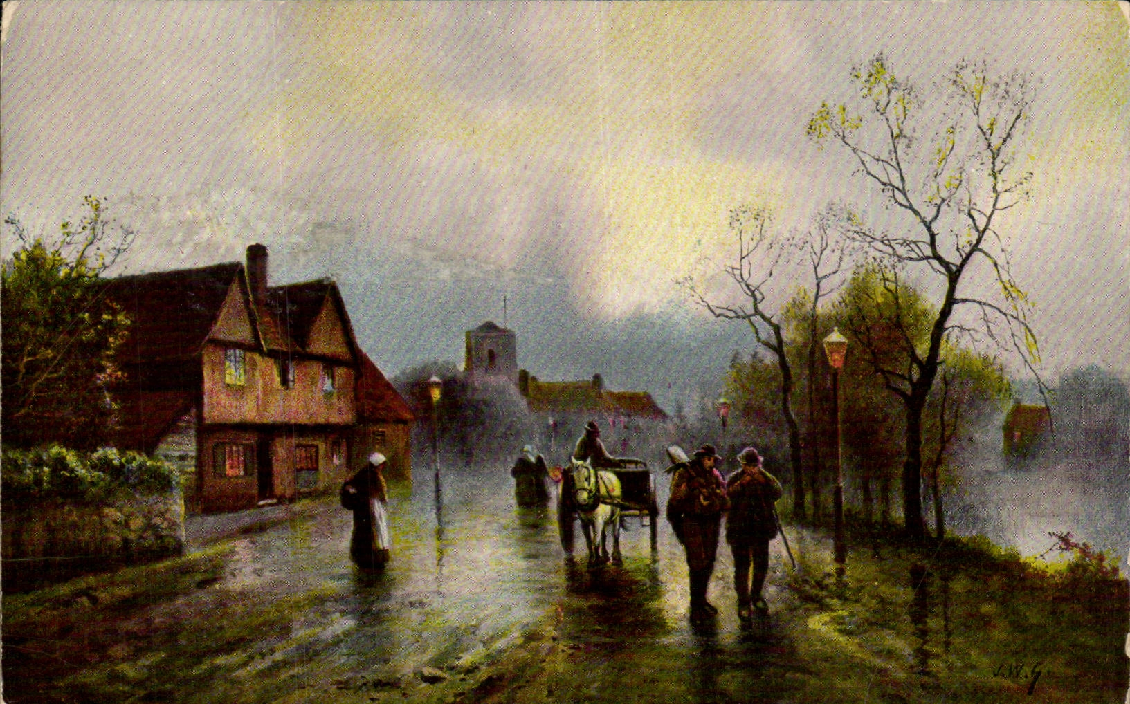Village sous la pluie — scène de rue avec chariot et piétons — Arno Artichrom, série 4025