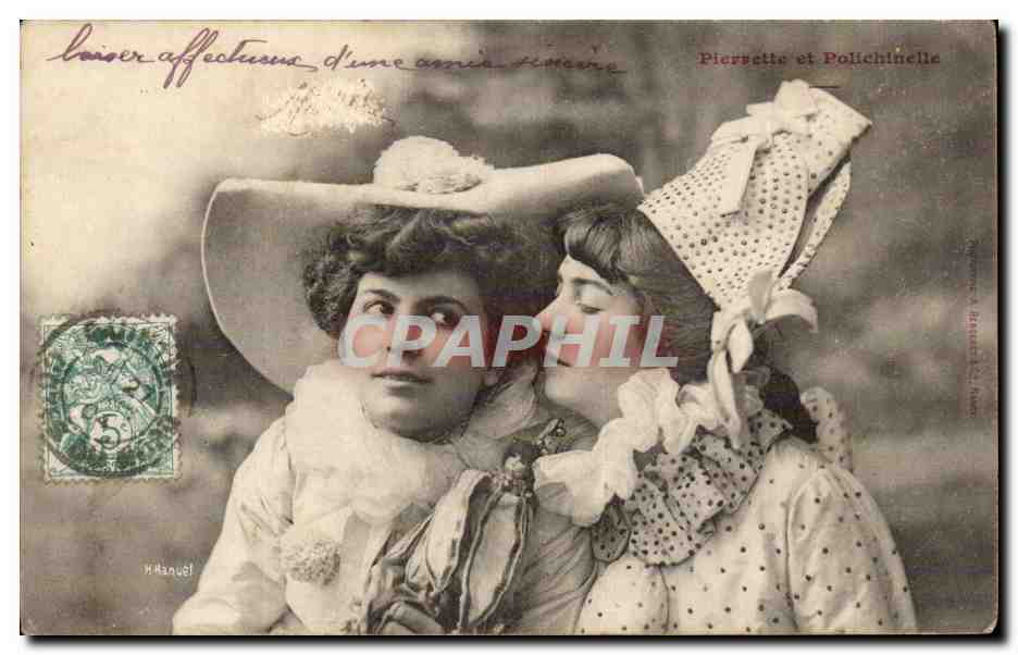 Pierrette und Polichinelle — Zwei junge Frauen in historischem Kleid — Verlag H. Manuel, Paris