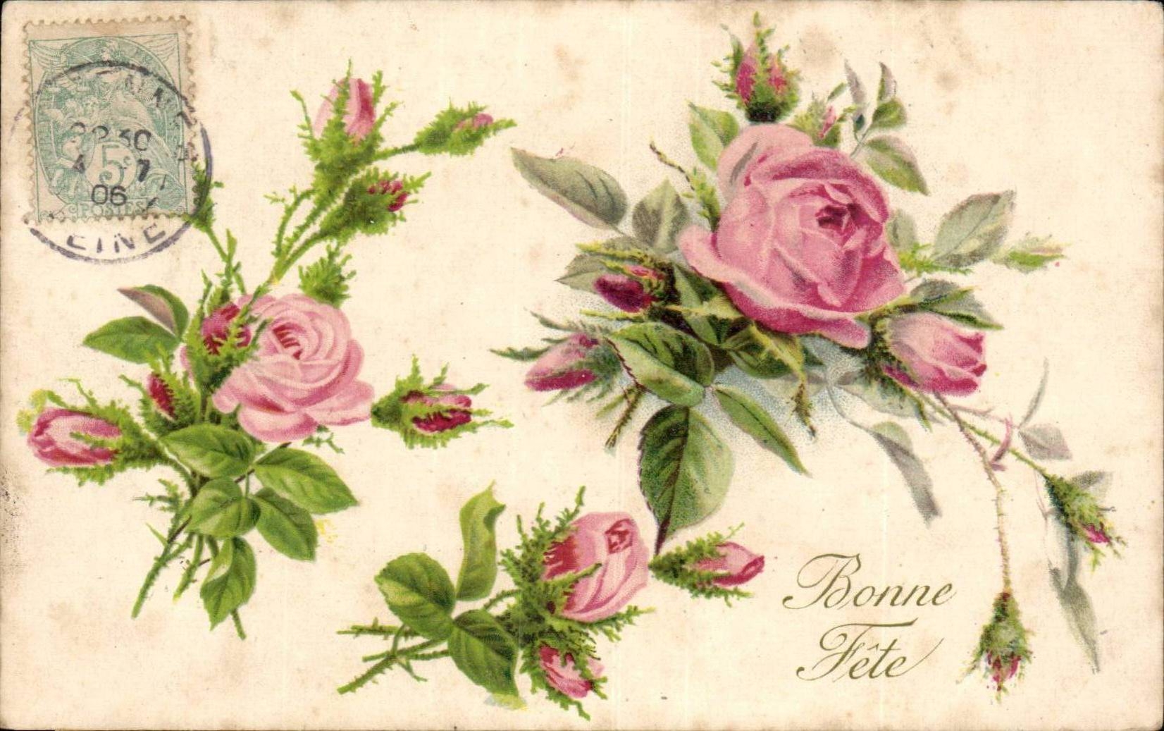 CPA Fantaisie Fleurs Roses Bonne fete