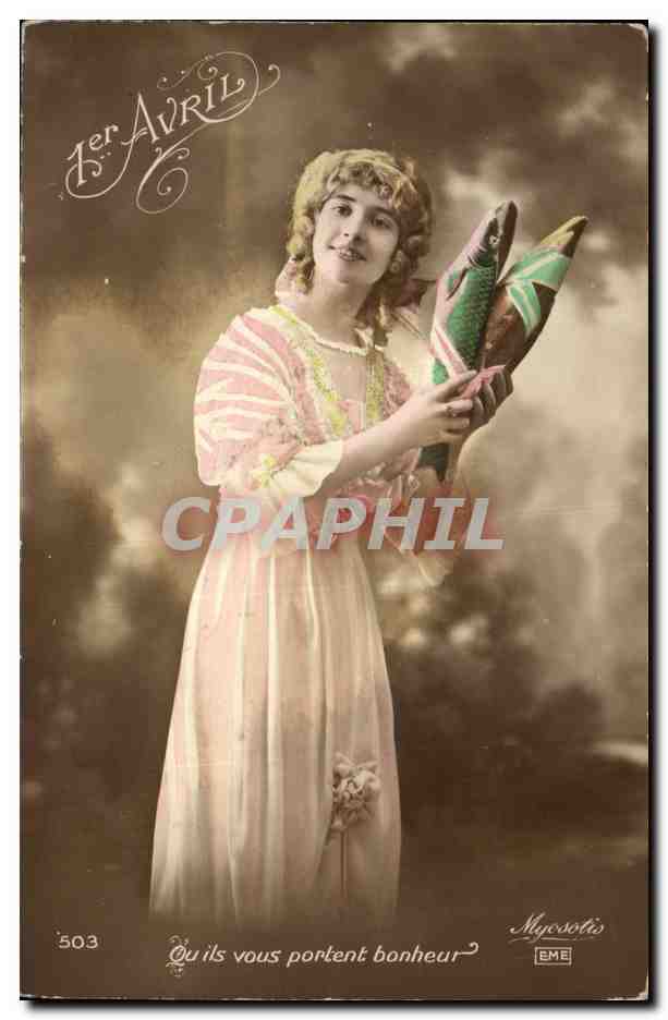 CPA Fantaisie Femme 1er avril poissons Paques Easter