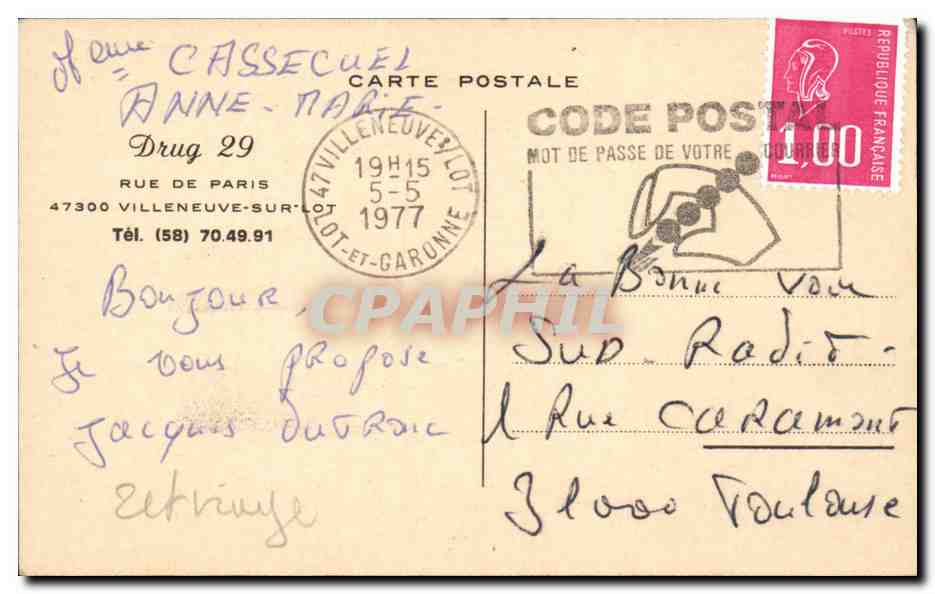Villeneuve-sur-Lot — Rue de Paris le Dimanche — éditeur R. Dupuy — Rückseite