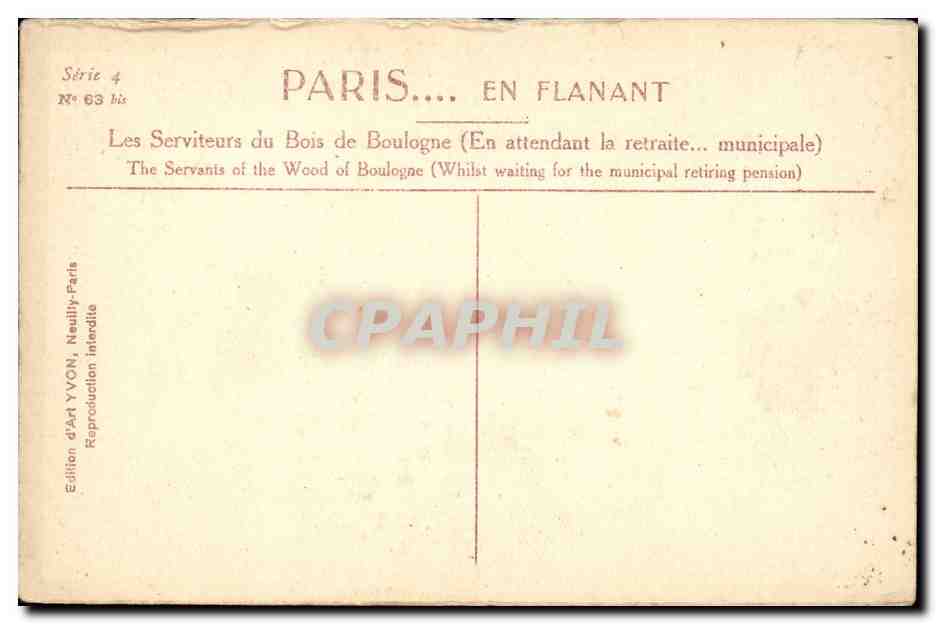 Paris CPA Les serviteurs du Bois de Boulogne  — Rückseite