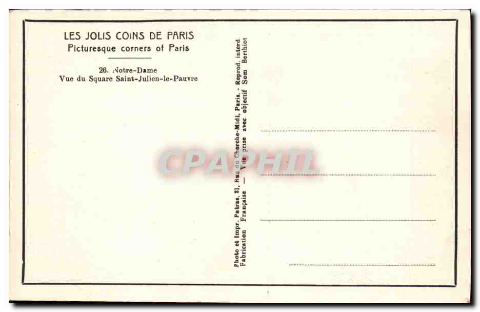 Paris CPA Notre Dame Cue du square Saint Julien le Pauvre — Verso