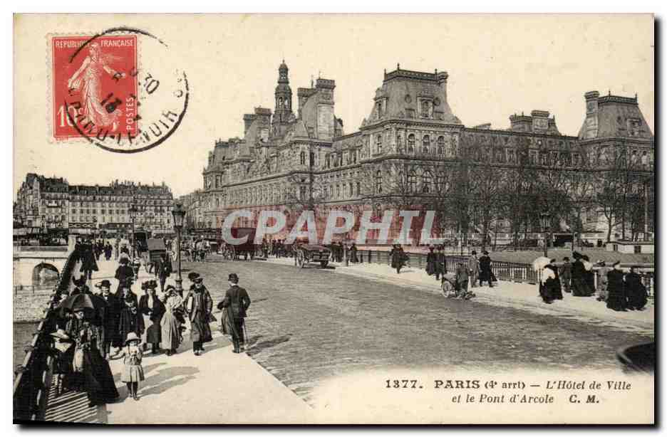 Paris CPA Hotel de ville et le pont d'Arcole (enfants)