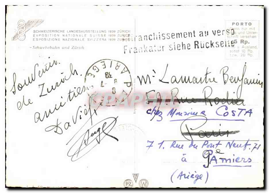 Suisse CPM Exposition nationale suisse 1939 Schwebebah und Zurich — Rückseite
