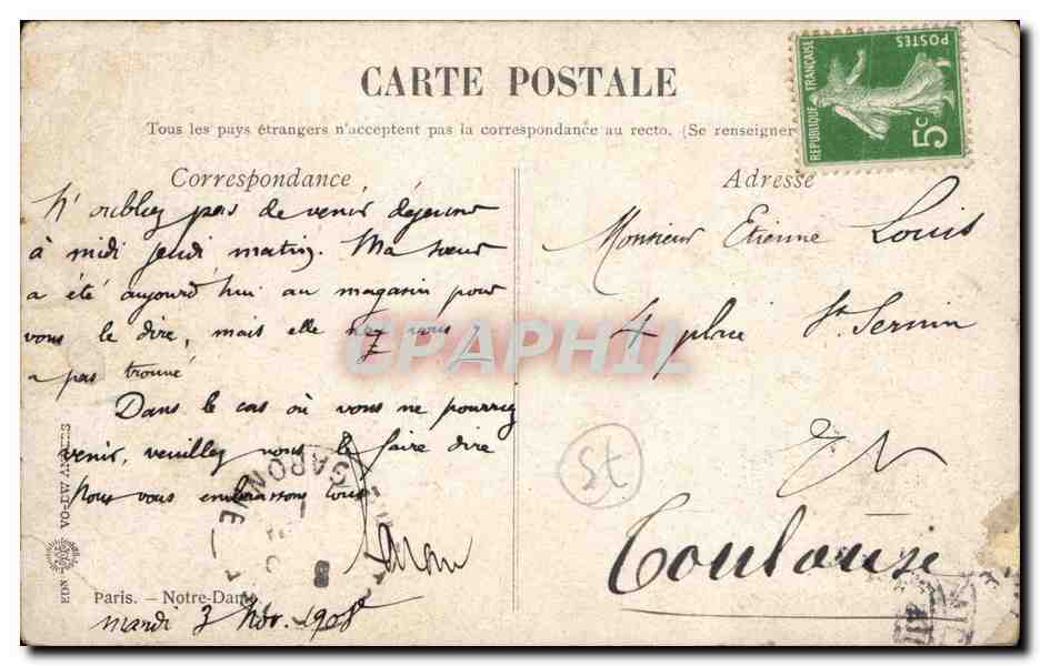 Paris CPA Notre Dame ( St Raphael Quinquina )  — Verso