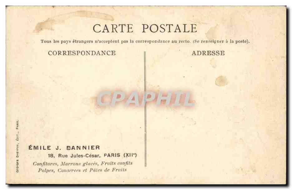 Paris CPA La rue Royale ( publicite Emile Bannier Rue Jules Cesar Confitures marrons glces fruits confits ) — Verso