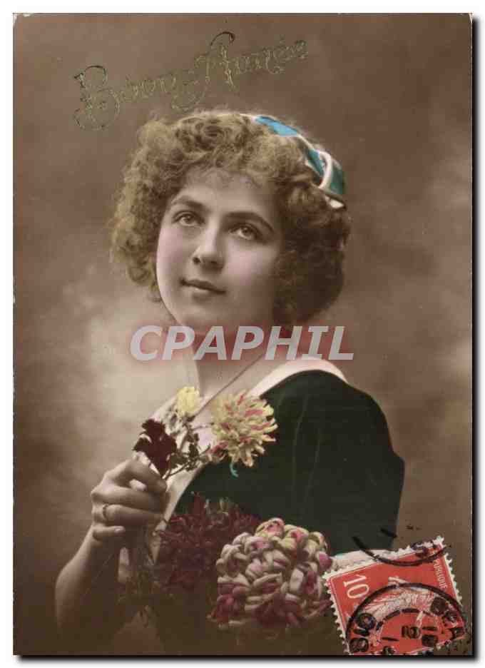 Jeune femme tenant des fleurs — 'Bons jours' — éditeur non visible