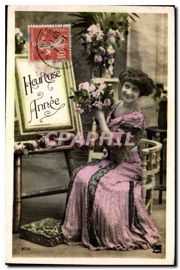Femme en robe rose — 'Heureuse Année' — éditeur Audro, n° 2006