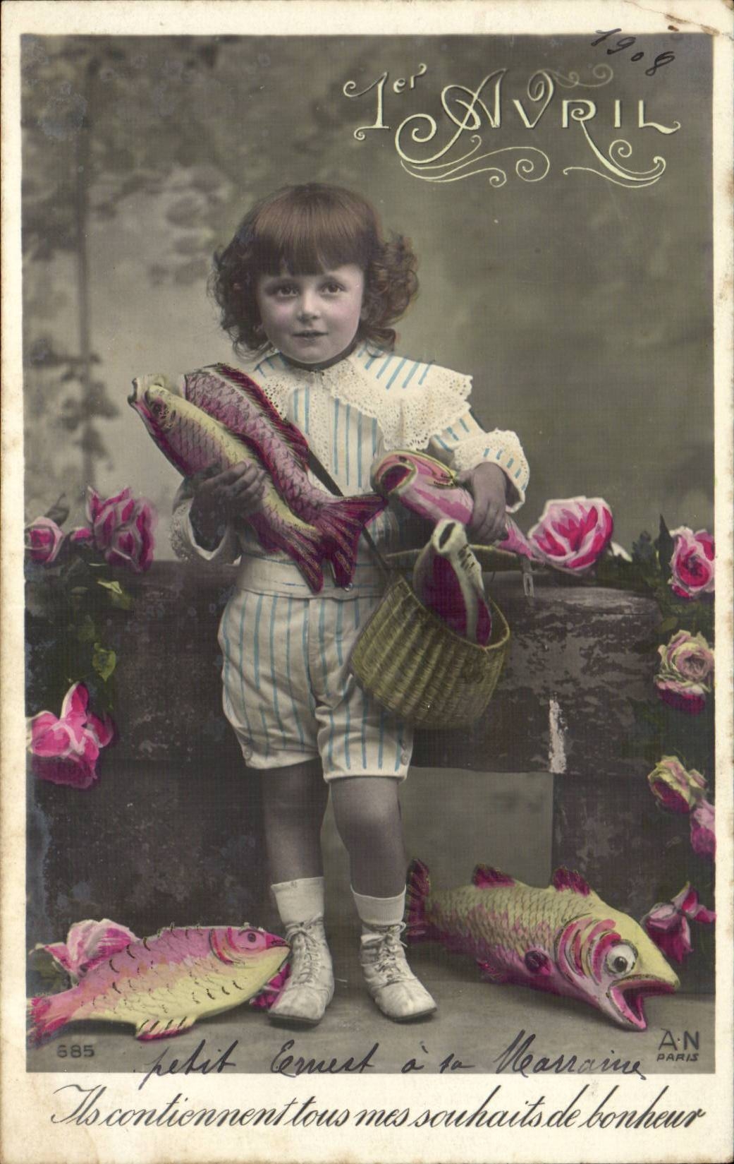 CPA Fantaisie Enfant 1er avril Paques Easter Poisson Fish