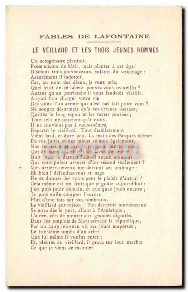 CPA Fantaisie FAbles de la Fontaine Le vieillard et les trois jeunes hommes — Rückseite