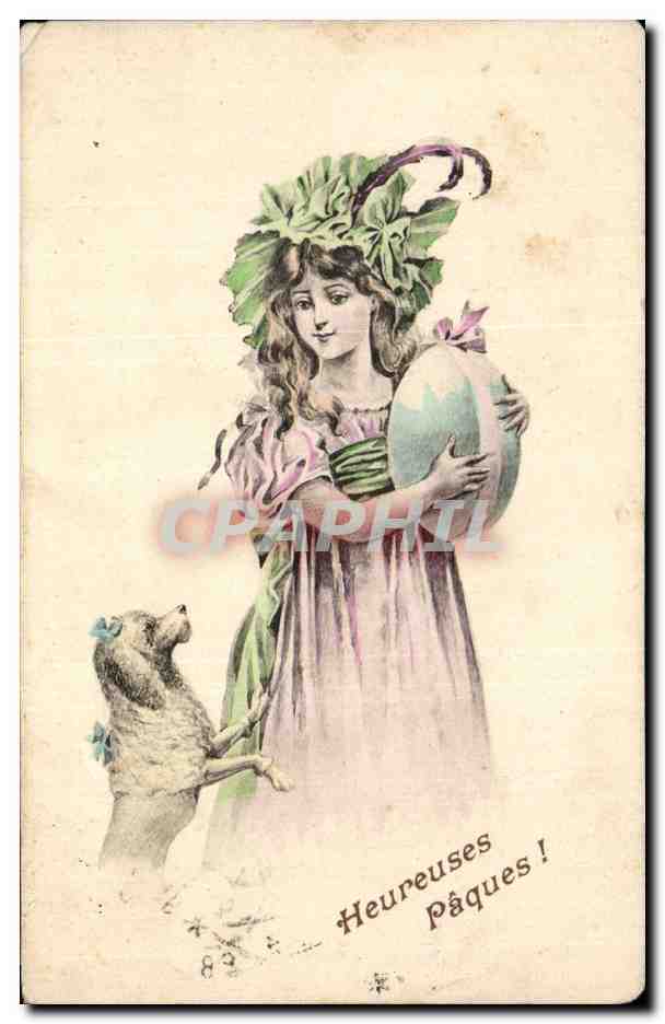 CPA Fantaisie Femme et chien Heureuses Paques Easter
