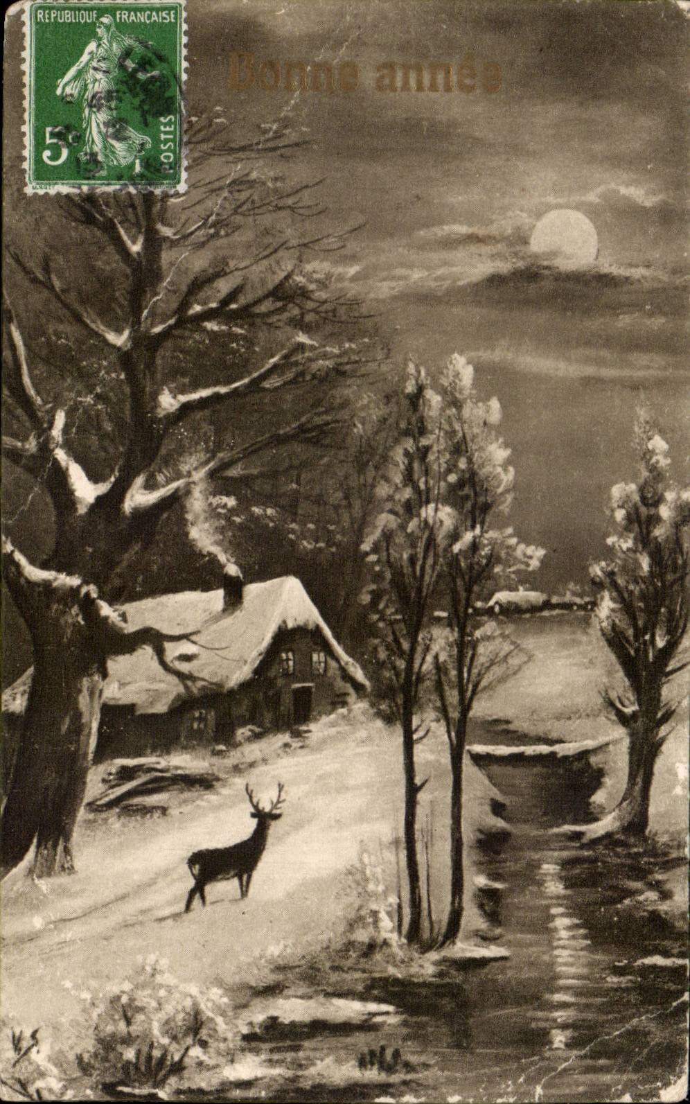 Fetes - Bonne Annee - Winter Scene - Cerf - Deer CPA 