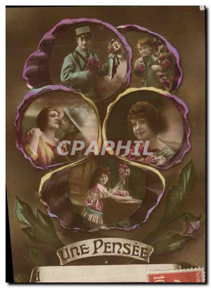 Une Pensée — carte postale décorative avec cinq portraits en forme de pétales — éditeur : B. Rétou, n° 330
