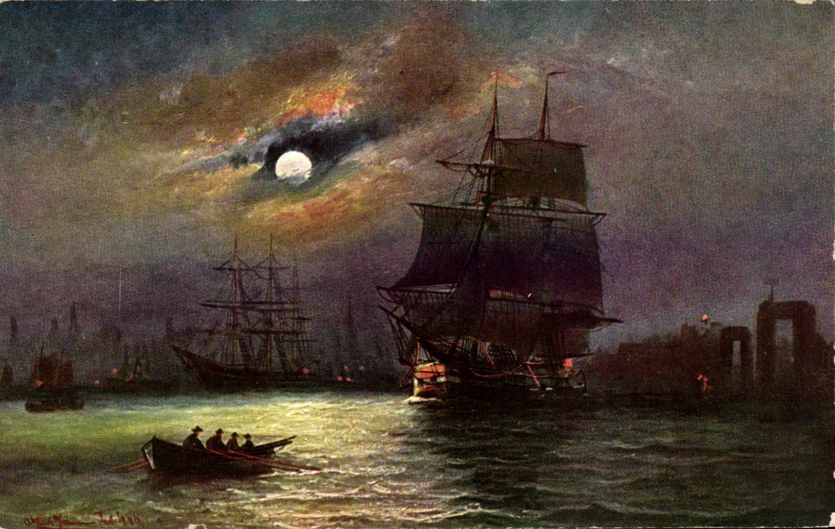 Port de nuit — Lune et navires — J. M. K. — Série 706