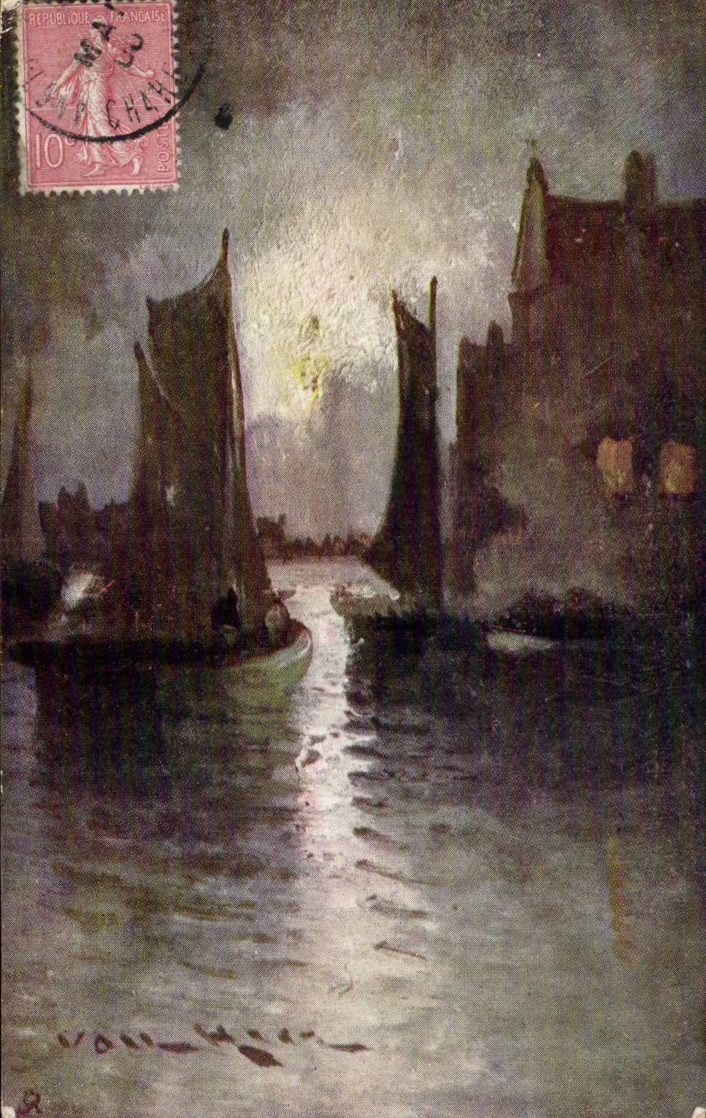 Vue nocturne de voiliers sur un canal — peinture — éditeur non visible