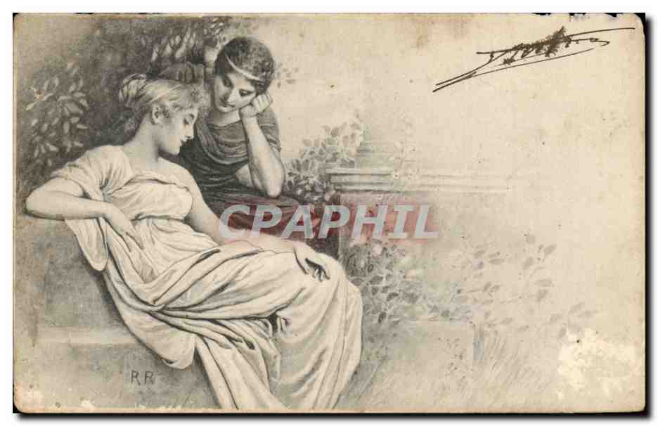Deux femmes en tenue antique — scène intime — RR, éditeur inconnu