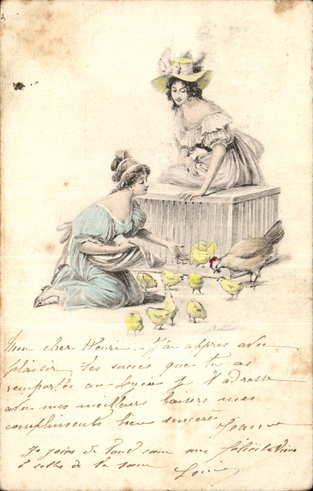 Fantaisie - Femme - Femme - Elegant women feeding birds - CPA 