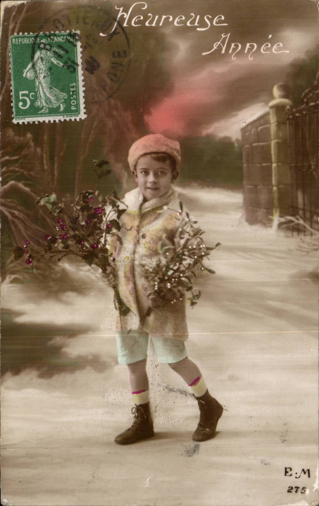 Fantaisie - Enfant - Heureuse Annee - Little Boy - houx - holly - CPA 