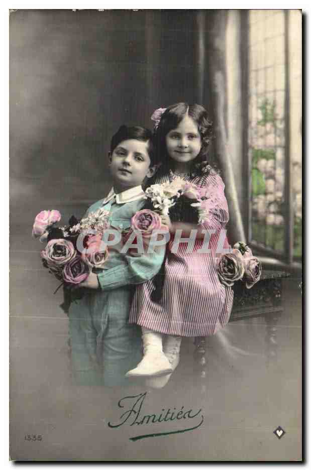 Fantaisie - Enfant - Children with roses - CPA 