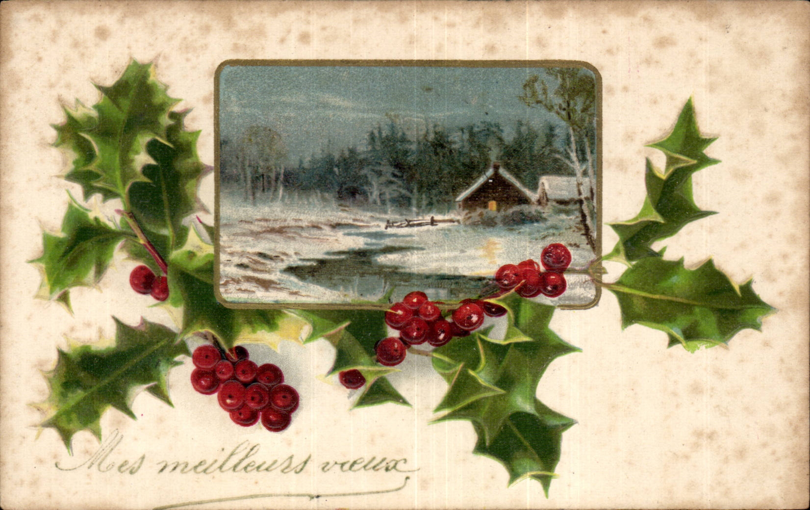 Fetes - Mes Meillures Voeux - houx - holly - CPA 