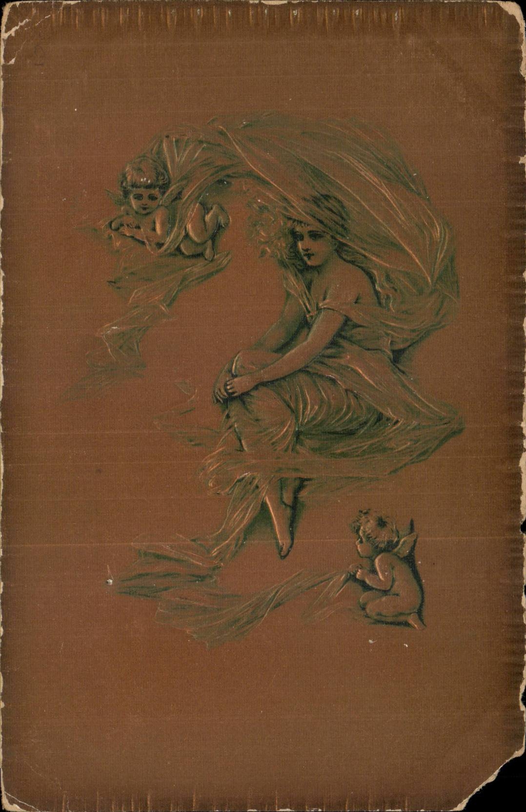 Fantaisie - Femme et Ange - Angel and whimsical woman - CPA 