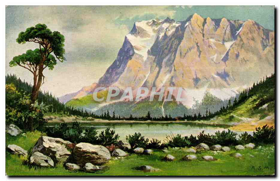 Lac et montagnes enneigées — peinture — A.R.M. (signé) et éditeur inconnu