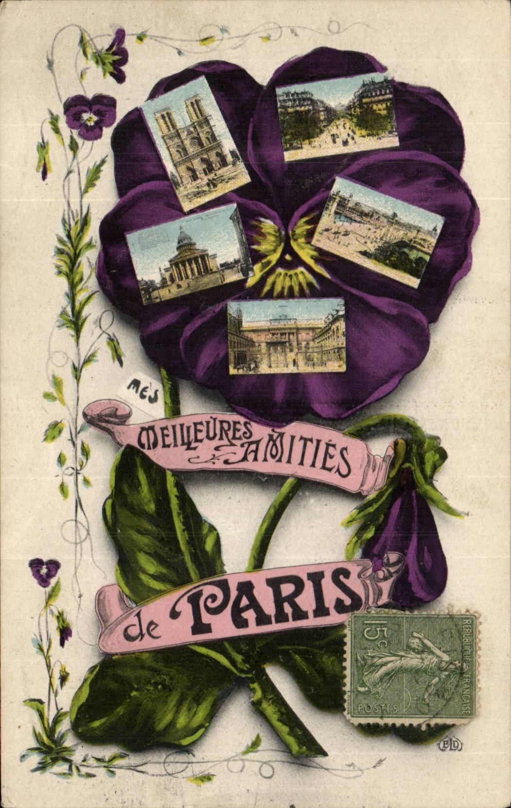 Paris - Souvenir - Pensee - Pansy - Meilleures Amities CPA 