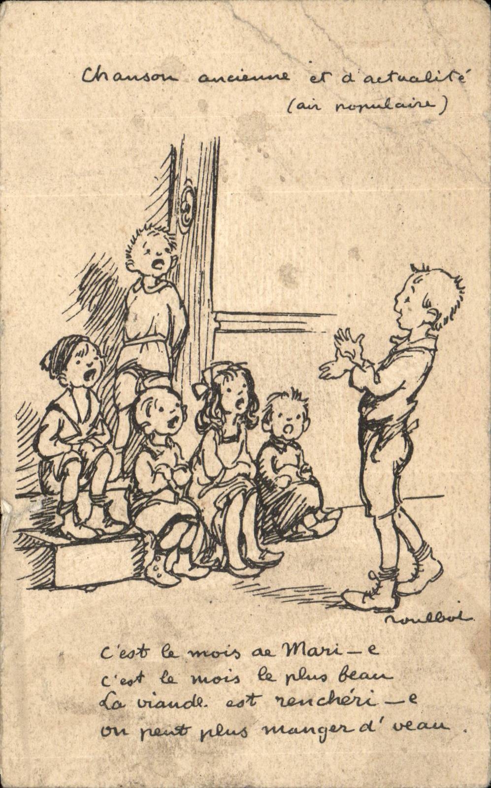 Fantaisie - Enfants - chansons - illustration - singing Poulbot - CPA 